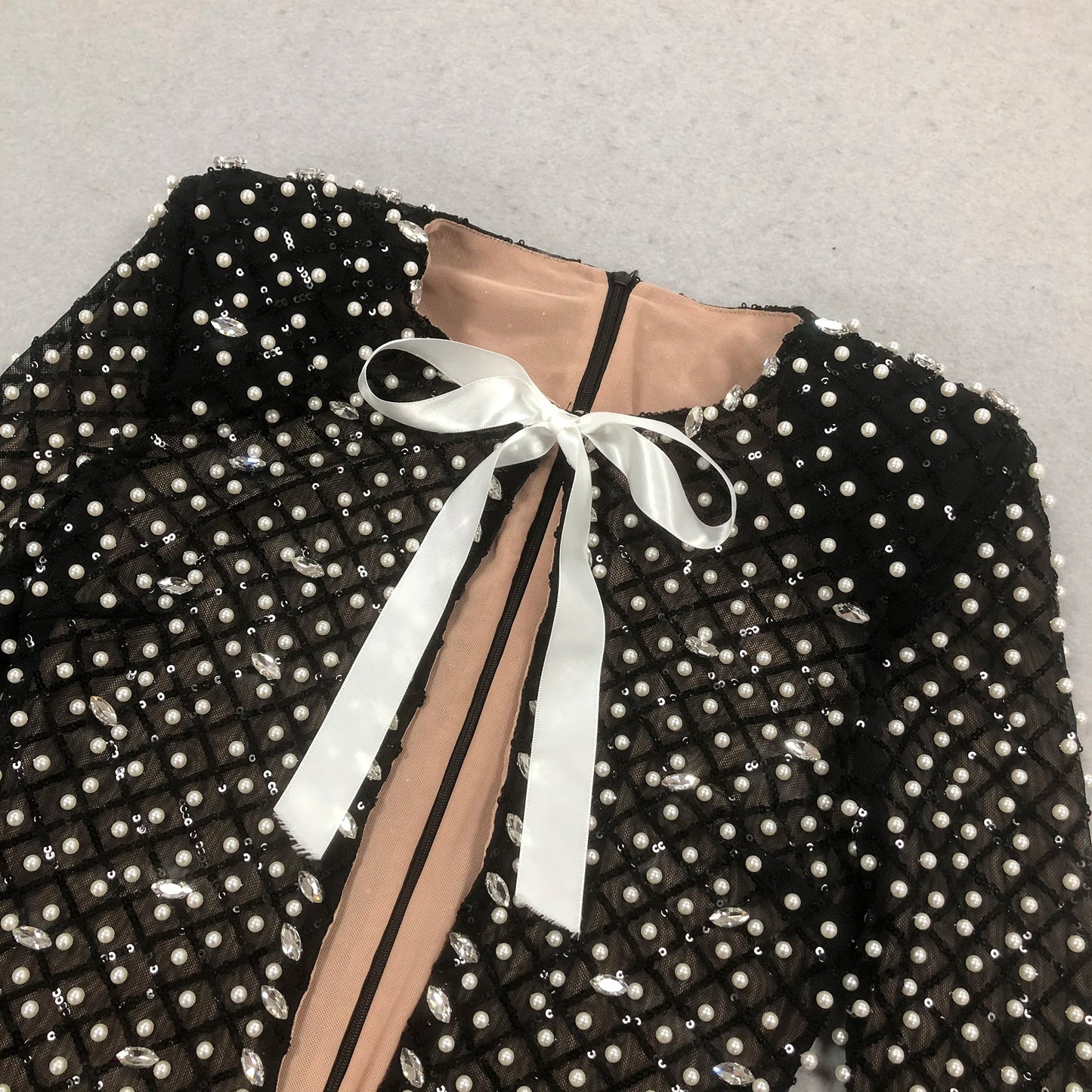 Women Pearls Sequin Black Mini Dress Cut-out Short Party Wear Club Dresses Outfits for Women Sexy