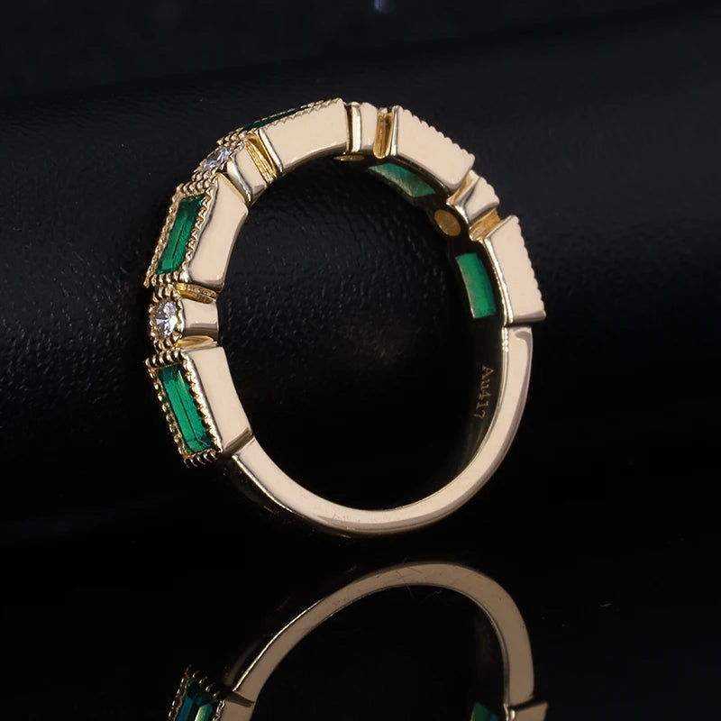 MomentWill 10k Gold Green Emerald Ring Half Eternity Jewelry Women Wedding Rings