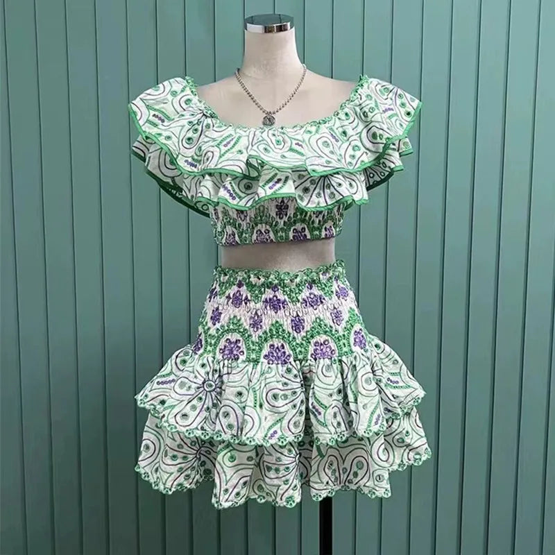 2025 Spring Summer New Lace Two Pieces Sets Off-Shoulder Crop Top + Flounce Hem Skirt Co-ord Set