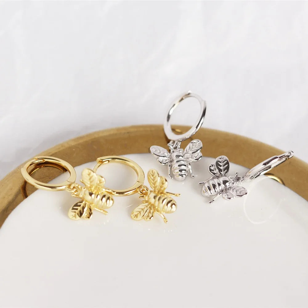 New Fashion 925 Sterling Silver Plain Dangling Animal Bee Shape Insects 18k Gold Plated Hoop Earrings for Women