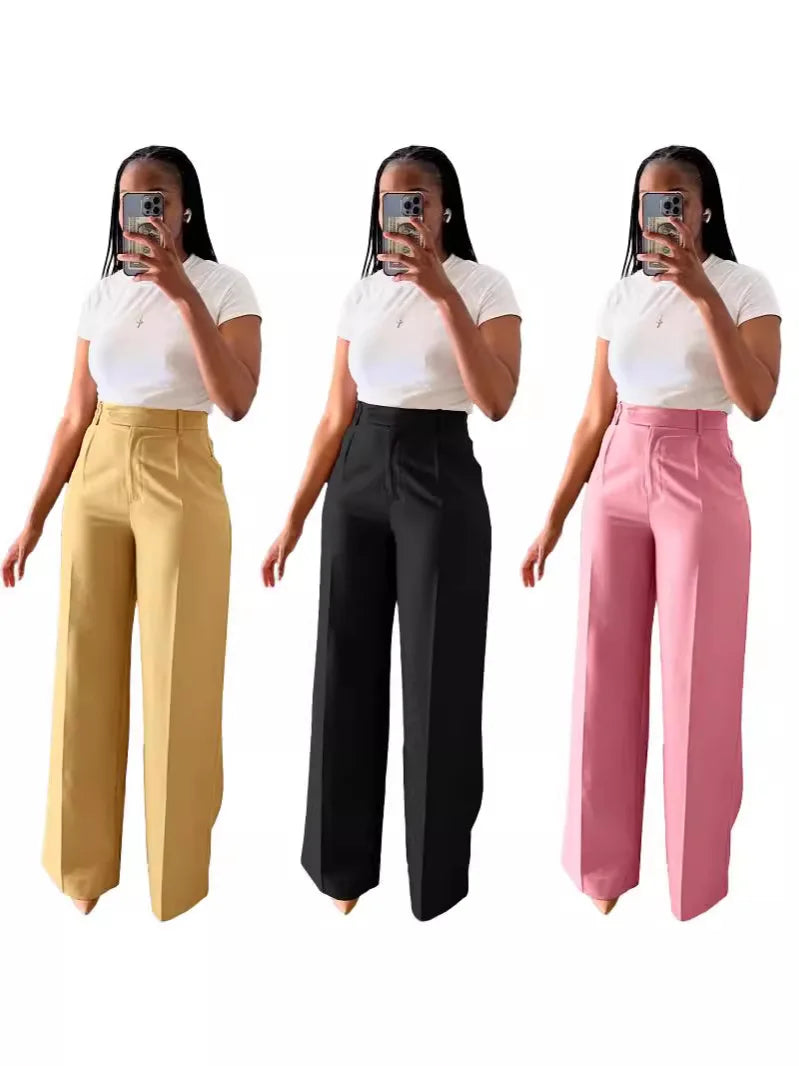 2025 Spring and Autumn Women's Lady High Waist Straight Wide Leg Casual Solid Color Trousers Female Office Pants