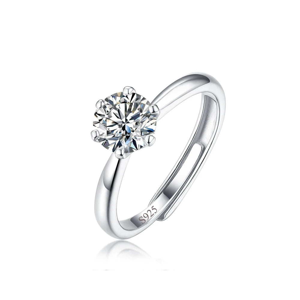 Shiny Pretty 6.5mm Cubic Zircon Crystal S925 Sterling Silver Adjustable Weddings Engagement Ring for Women Finger Jewelry