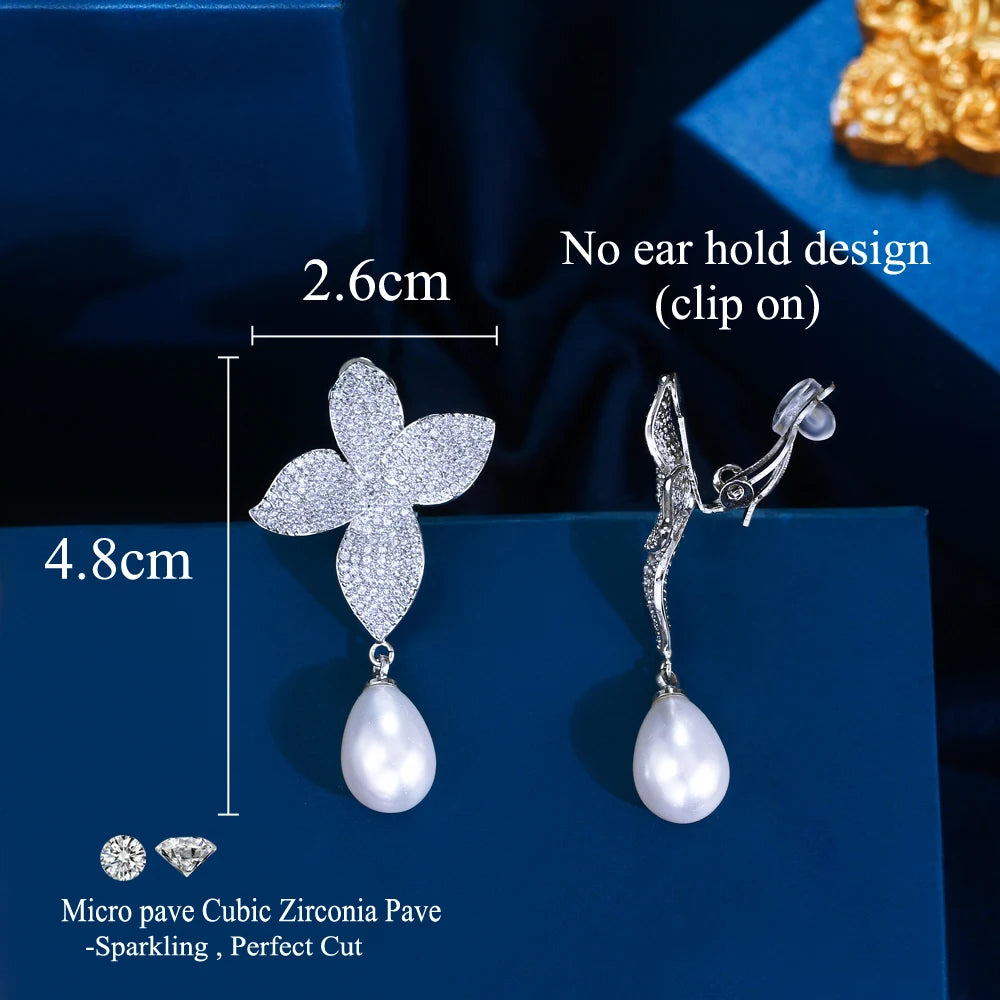 Fashion Cubic Zircon Jewelry Long Dangle Drop No Pieced Pearl Flower Clip on Earrings for Women Wedding Dress Accessories