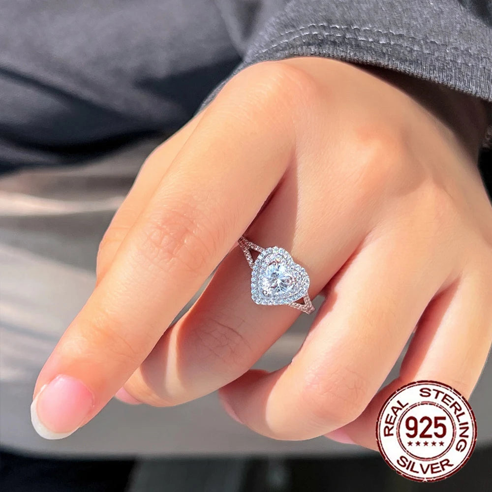 Delicate White Gold Plated 925 Sterling Silver Big Cubic Zircon Heart Shape Engagement Ring for Women Jewelry Accessories