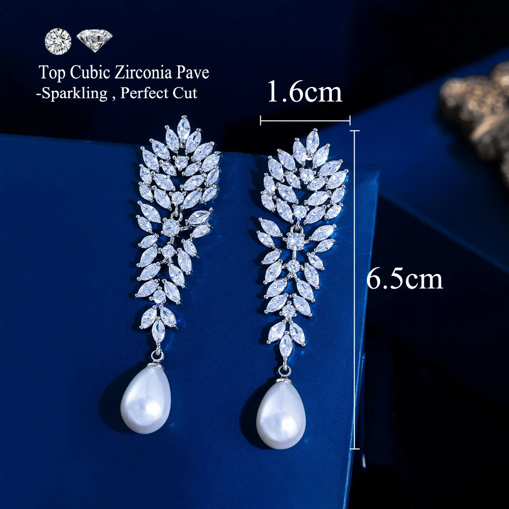 Elegant Shiny Marquise Cut Cubic Zirconia Long Leaf Drop Simulated Pearl Bridal Wedding Party Drop Earrings for Women Jewelry