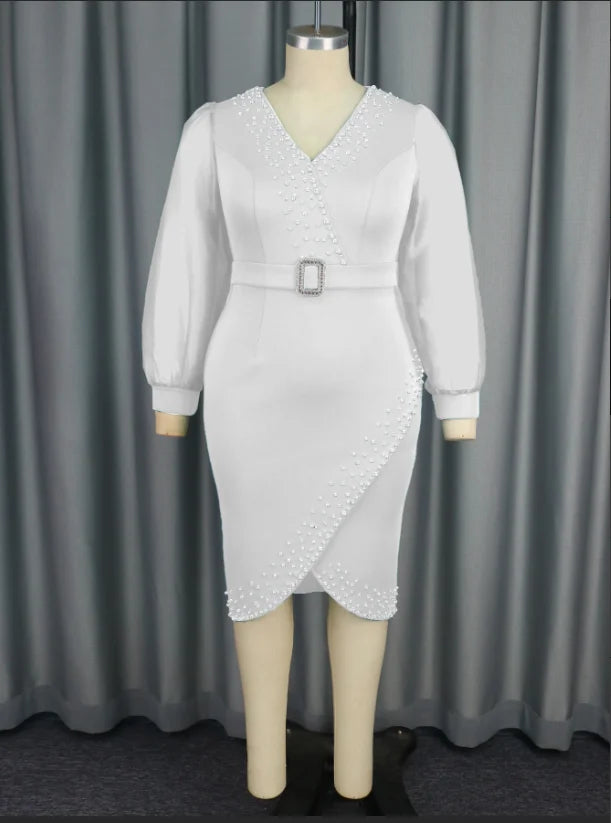 Tulle Lantern Sleeves V Neck Office Lady Beading Career Dress with Belt