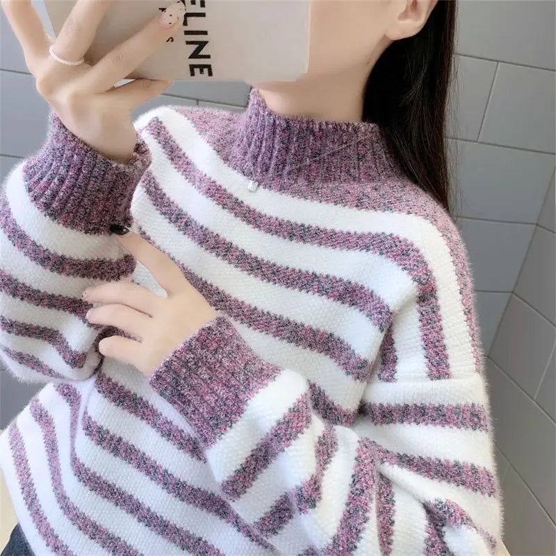 2025 Autumn Winter Women Sweet Sweater Fur Striped Stand Collar Warm Knitwear Loose Long Sleeve Pullover Tops Thick Knit Sweater
