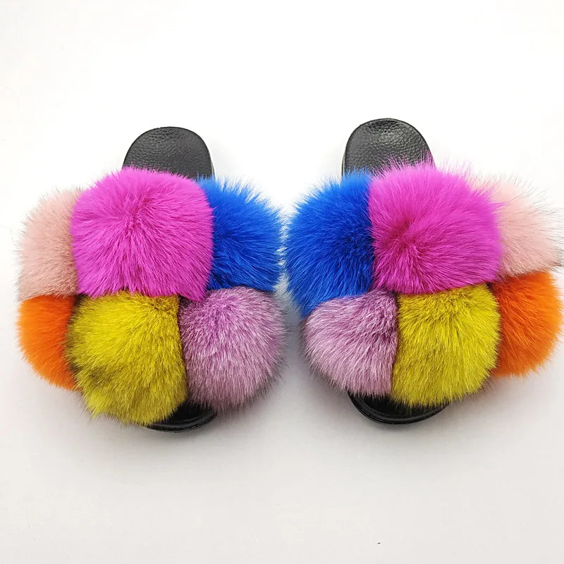 Woman Elegantes Adjustable Slides Fluffy Platform Sandal Rainbow Faux Fur Slippers