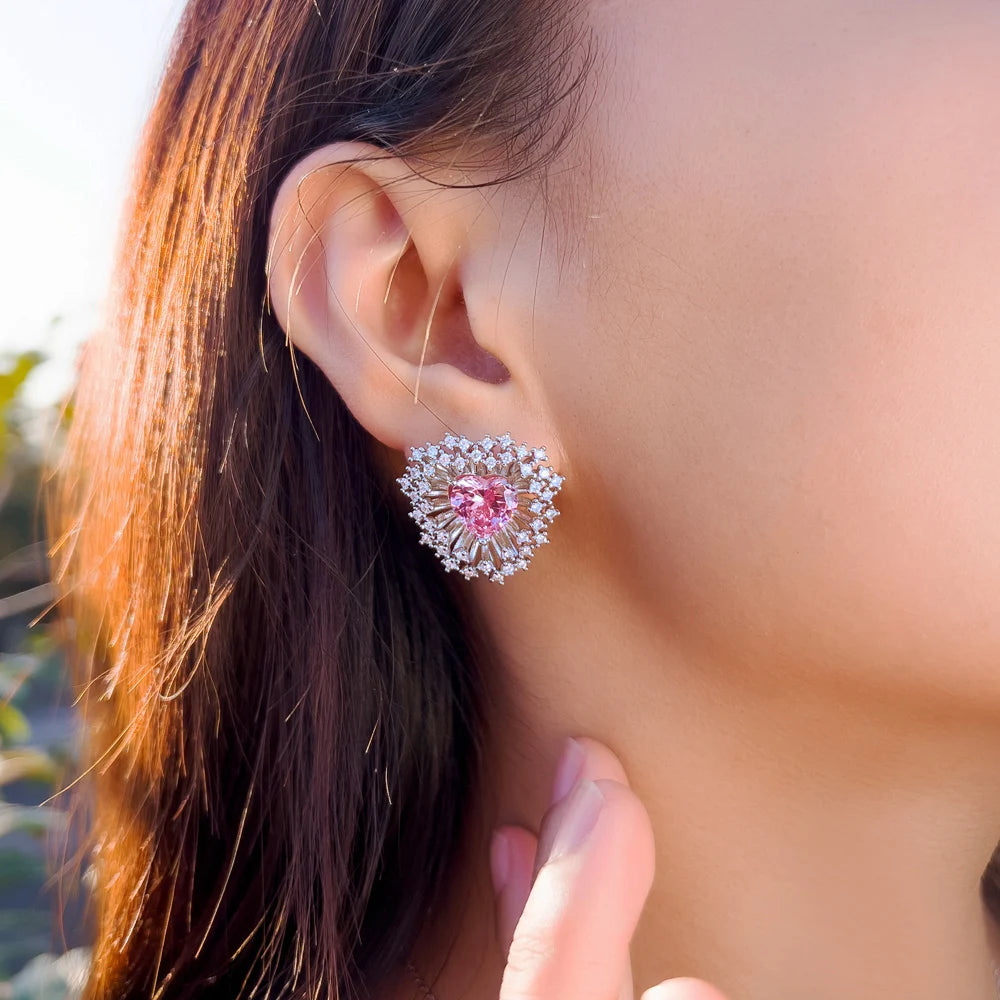 Trendy Fashion Pink Heart Cut Cubic Zirconia Firework Shape Stud Earrings for Women Dating Engagement Party Jewelry