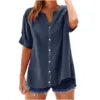 2025 Spring Fall Summer New Shirt Casual Loose Button V-neck Large Short Sleeve Top Women's Shirt