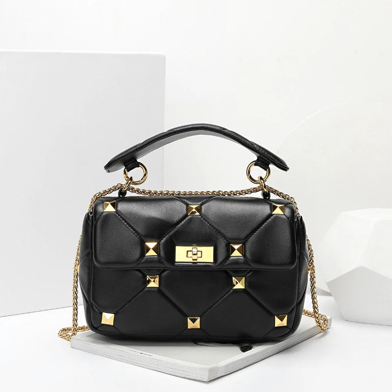 Trendy Leather Square Sheep Leather Designer Black square Shoulder Crossbody Studded Bag Purse Handbags for Women