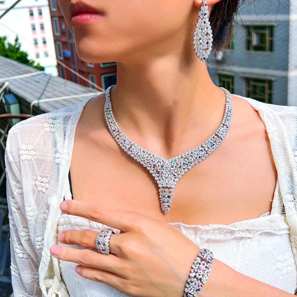 Luxurious Styles Silver Plated Mixcolor Cubic Zircon Party Bridal Big Jewelry Set for Women Wedding Dress Accessories