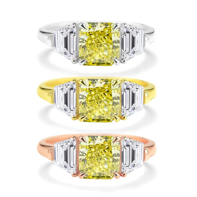 MomentWill 18K White Gold Lab Grown Diamond Rings with Radiant Cut Yellow Color DEF Trapezoid VS Lab Diamonds