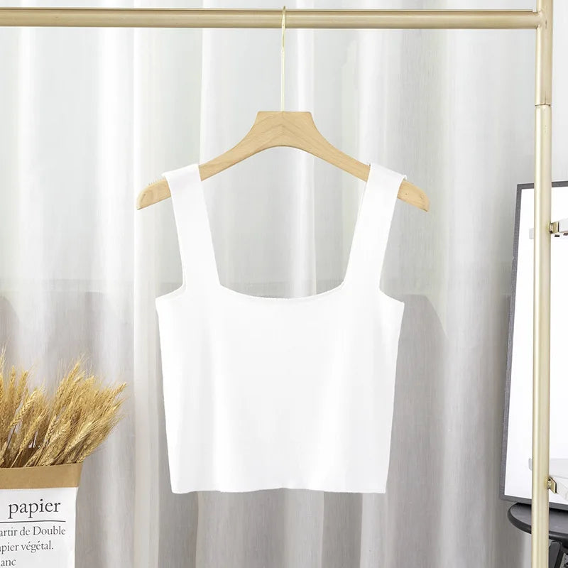 None Sweet Women S Nylon M Summer Womens Fashion Solid Color Square Neck Doublelayer Sling Slimfit Vest Top