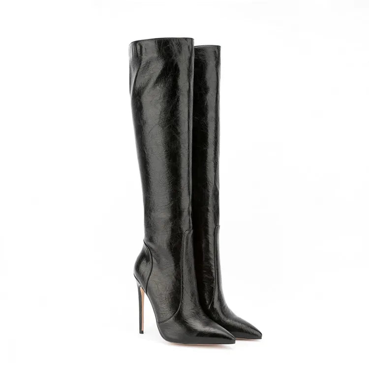 Fashion Style Crazy Horse Pattern Pointy Toe Long Boots Side Zipper Stiletto High Heel Knee High Boots for Women