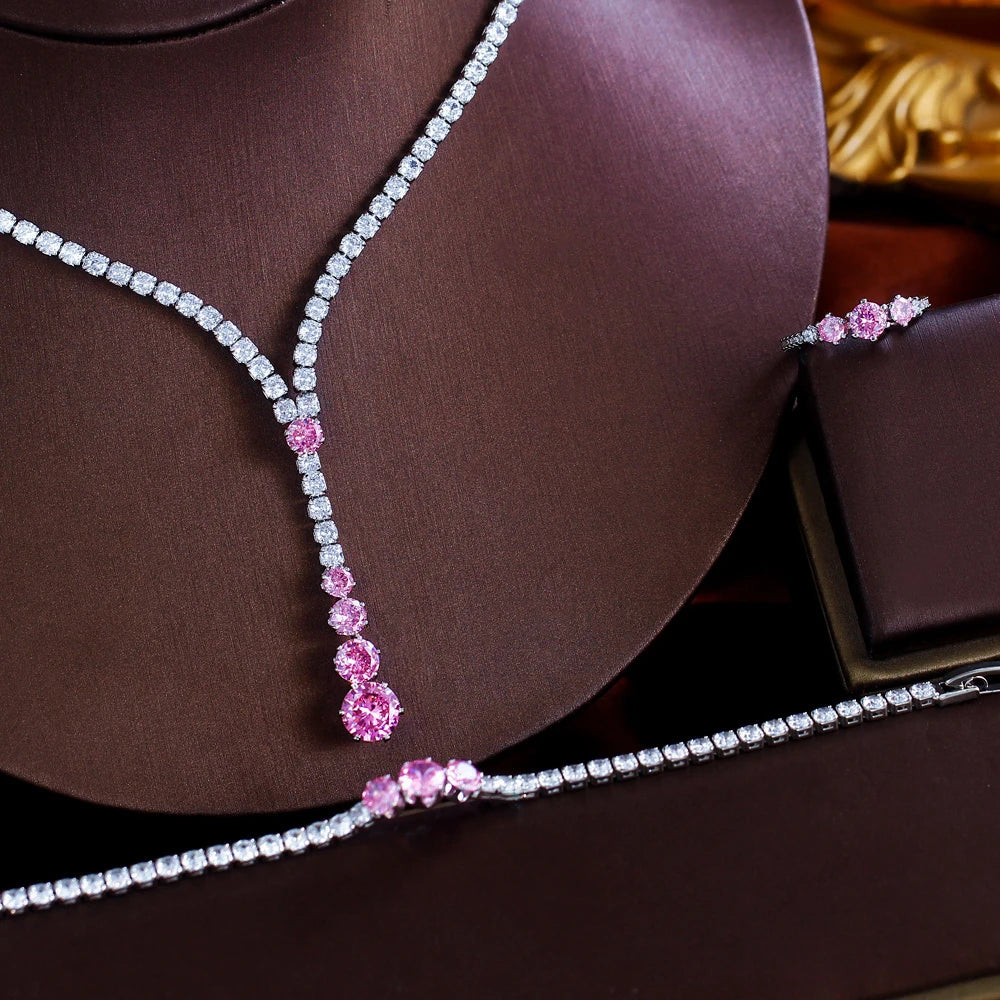 4pcs Glittering Cubic Zircon White Pink Necklace Earrings Bracelet and Ring Wedding Bridal Jewelry Set for Women Party Accessory