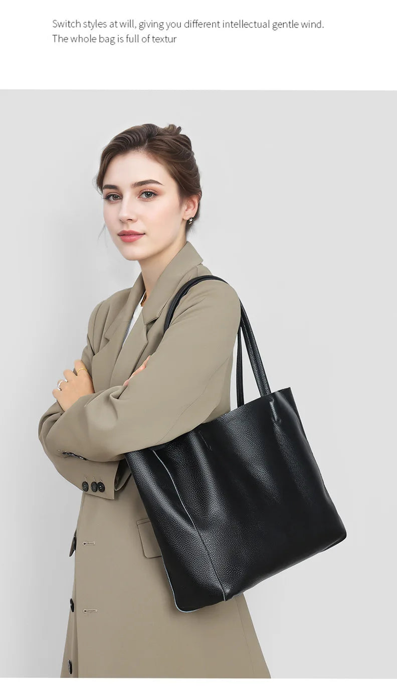 Women's 2025 Cowhide Handbag Large Capacity Tote Bag Open Closure Simple Leather Solid Color Shoulder Bag Summer Autumn