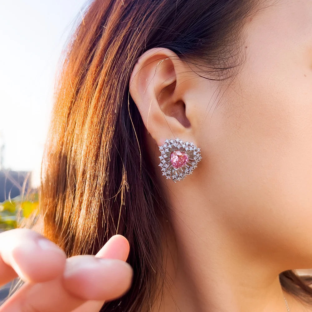 Trendy Fashion Pink Heart Cut Cubic Zirconia Firework Shape Stud Earrings for Women Dating Engagement Party Jewelry