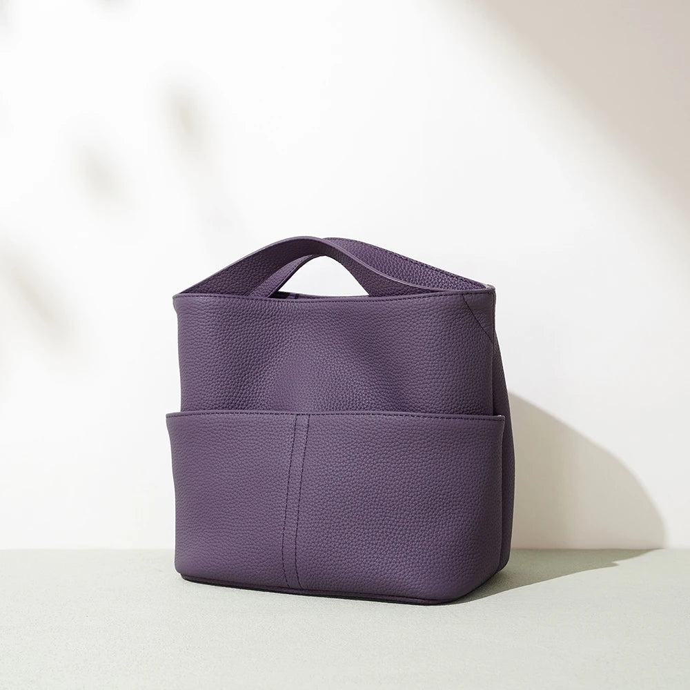 Mini Bucket Bag Women Genuine Leather Tote Bag Cowhide Real Leather Handbag for Lady Colleague Student School Bag