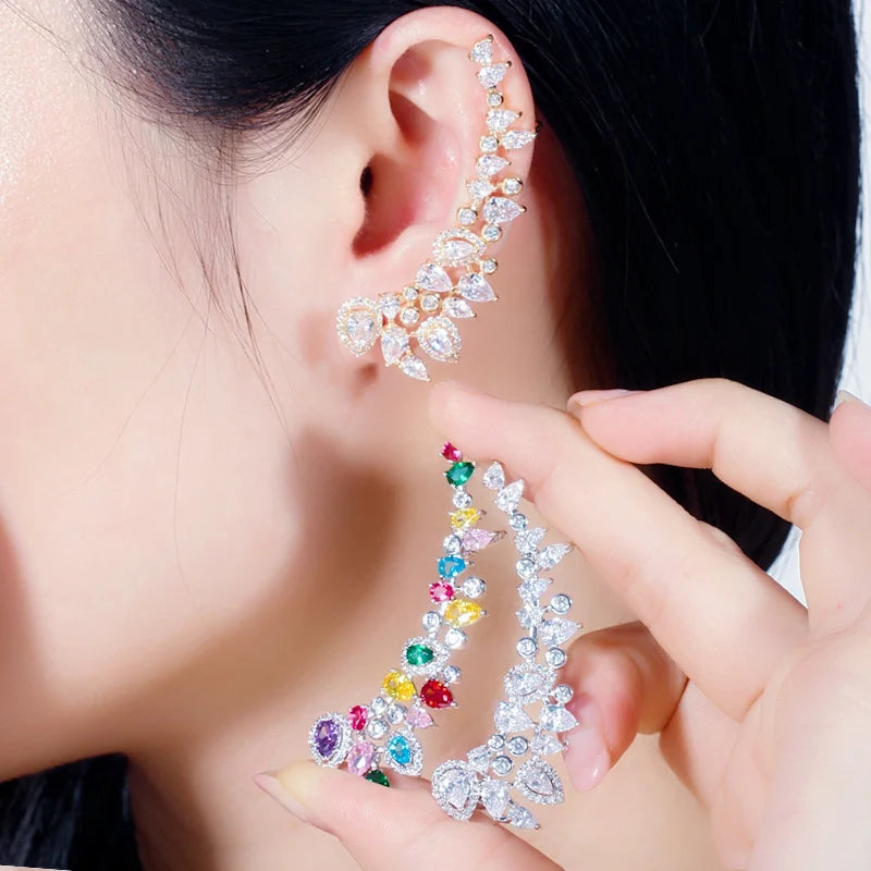 CZ Rainbow Color Water Drop Long Asymmetrical Ear Climber Clamp Cuff Stud Earrings for Wife Sister Gift Unique Design