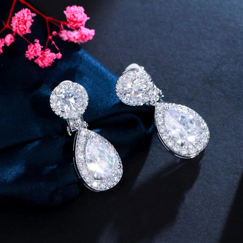 Non Pierced Ear Design Dangle Water Drop Cubic Zirconia Crystal Wedding Bridal Clip on Earring Without Piercing