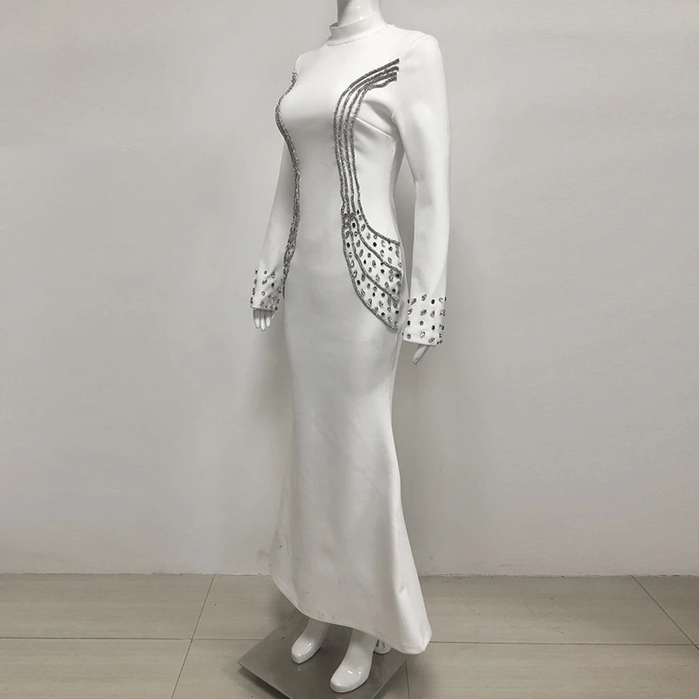 Fashion High End Luxury Bandage Evening Dresses Women Full Sleeve Rhinestone Bodycon Formal Gown Dress