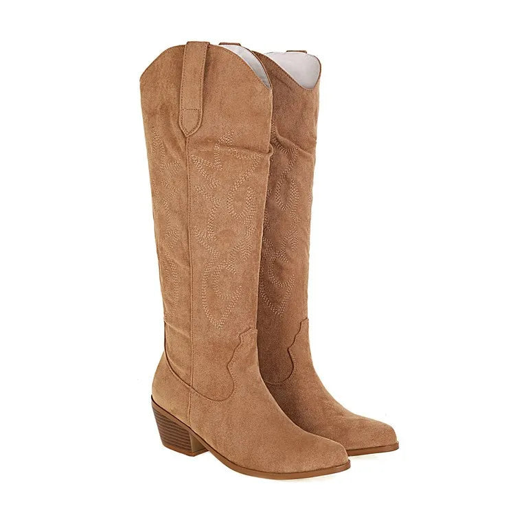 Women's Embroidered Western Cowboy Boots Knee High Stitching Almond Toe Medium Chunky Heel Pointy Toe Fashion Retro Classic Boot