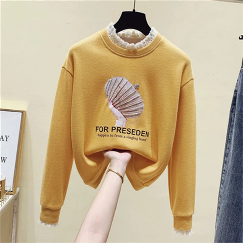 2025 Women Hoodies Fashionable Long Sleeve Loose Hoodies Woman Print O Neck Thick Pull Over Hoodies for Women