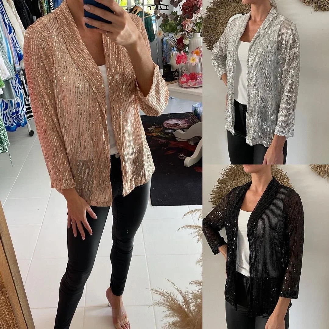 Glitter Long Sleeved Temperament Medium Length Small Suit Lapel Color Coat for Women