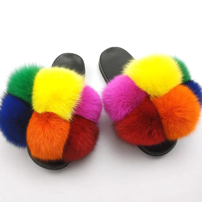 Woman Elegantes Adjustable Slides Fluffy Platform Sandal Rainbow Faux Fur Slippers