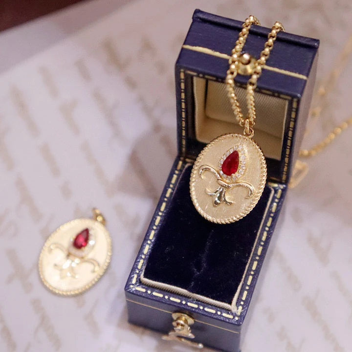2025 Elegant Classic Oval Flower 18K Solid Yellow Gold Pendant Natural Red Ruby Diamond Gemstone Fine Jewelry for Women's Party