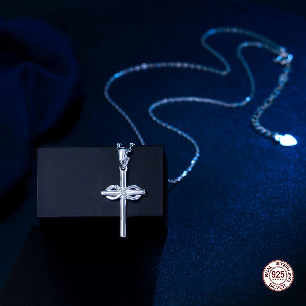 Fashionable Cubic Zircon 925 Sterling Silver Chain Link Infinite Symbol Cross Pendant Necklace for Women Men Daily Wear Jewelry