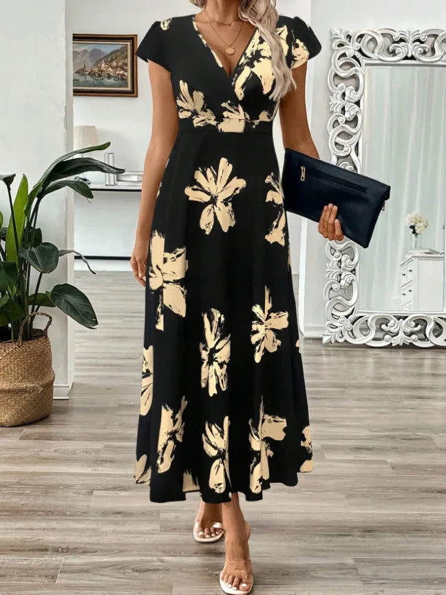 2025 New Fashion Women's Summer Dress Deep V-Neck Sexy Slim High Waist Short Sleeve Printed Maxi Dress