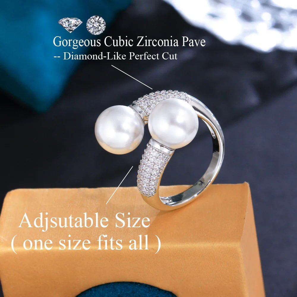 Adjustable Shiny Cubic Zirconia Paved Double Big Pearl Finger Rings for Women Party Engagement Anniversary Weeding Jewelry