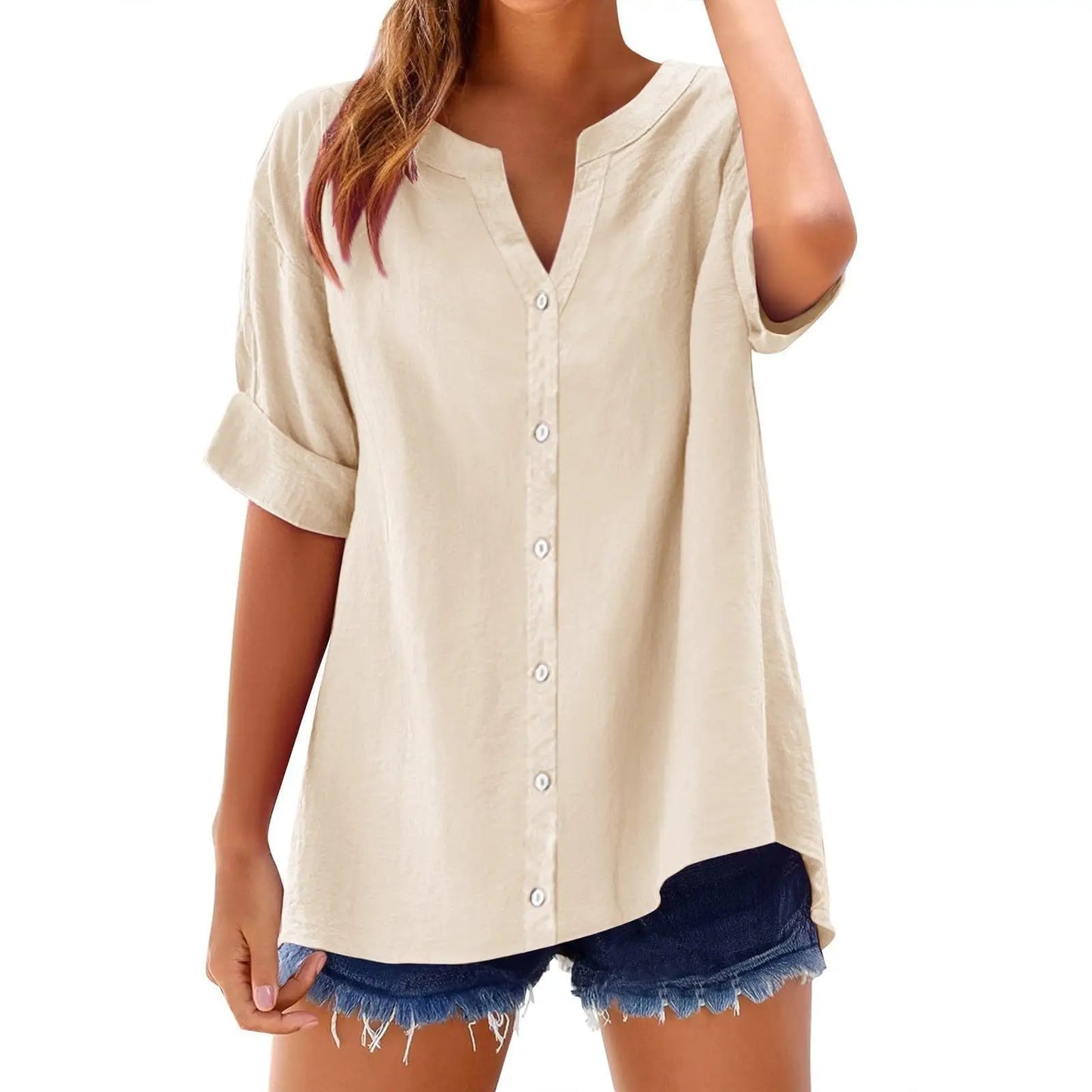 2025 Spring Fall Summer New Shirt Casual Loose Button V-neck Large Short Sleeve Top Women's Shirt