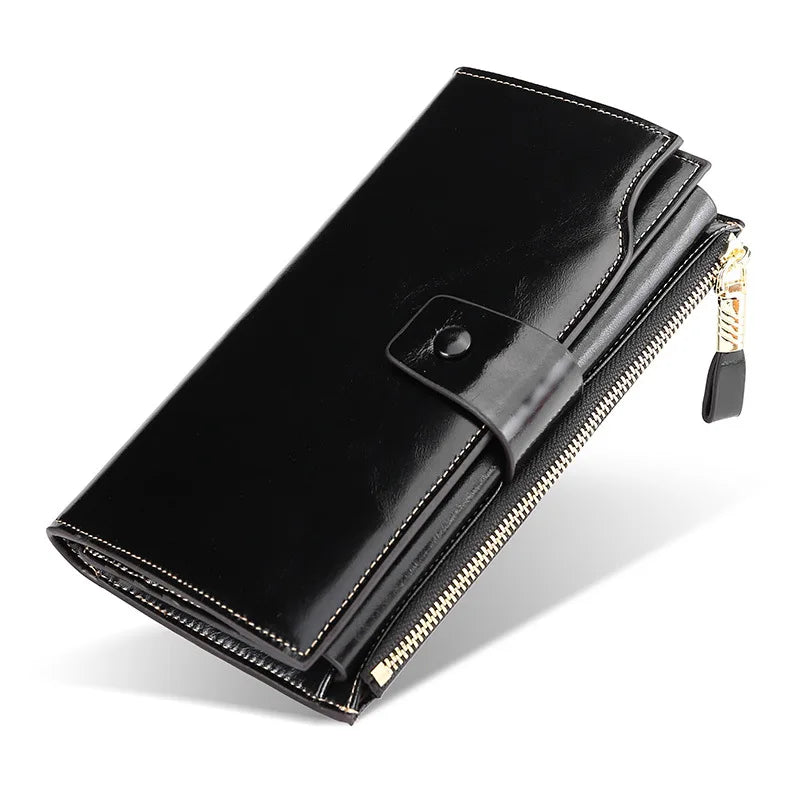 Fashion Real Leather Women RFID Clutch Purse with Strap Long Handle Wallet