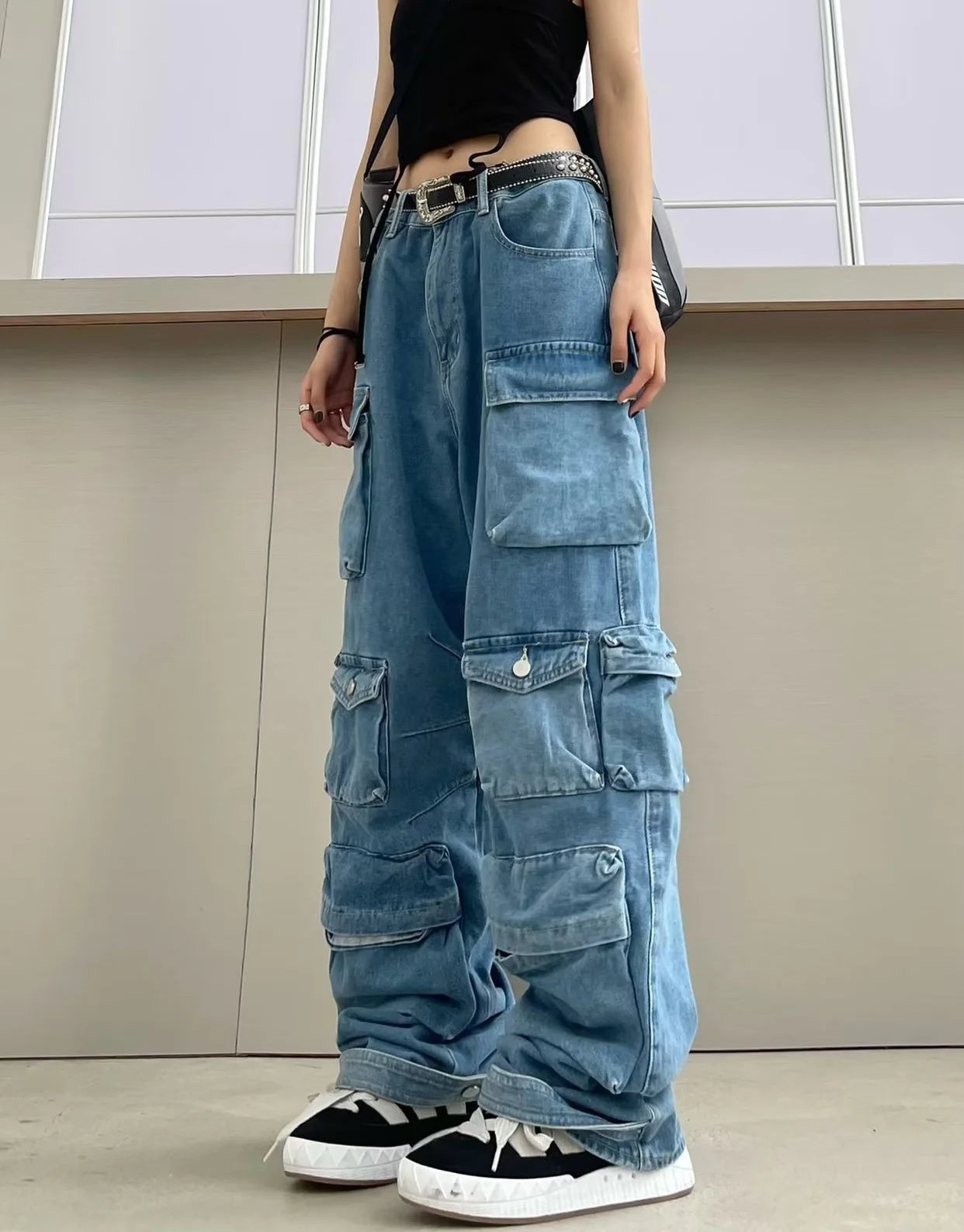 Girls Loose Overall Denim Jeans Big Pockets Hip-hop Streetwear Zipper Button Trousers Long Pants Fashion Casual Jeans