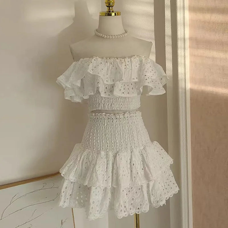 2025 Spring Summer New Lace Two Pieces Sets Off-Shoulder Crop Top + Flounce Hem Skirt Co-ord Set