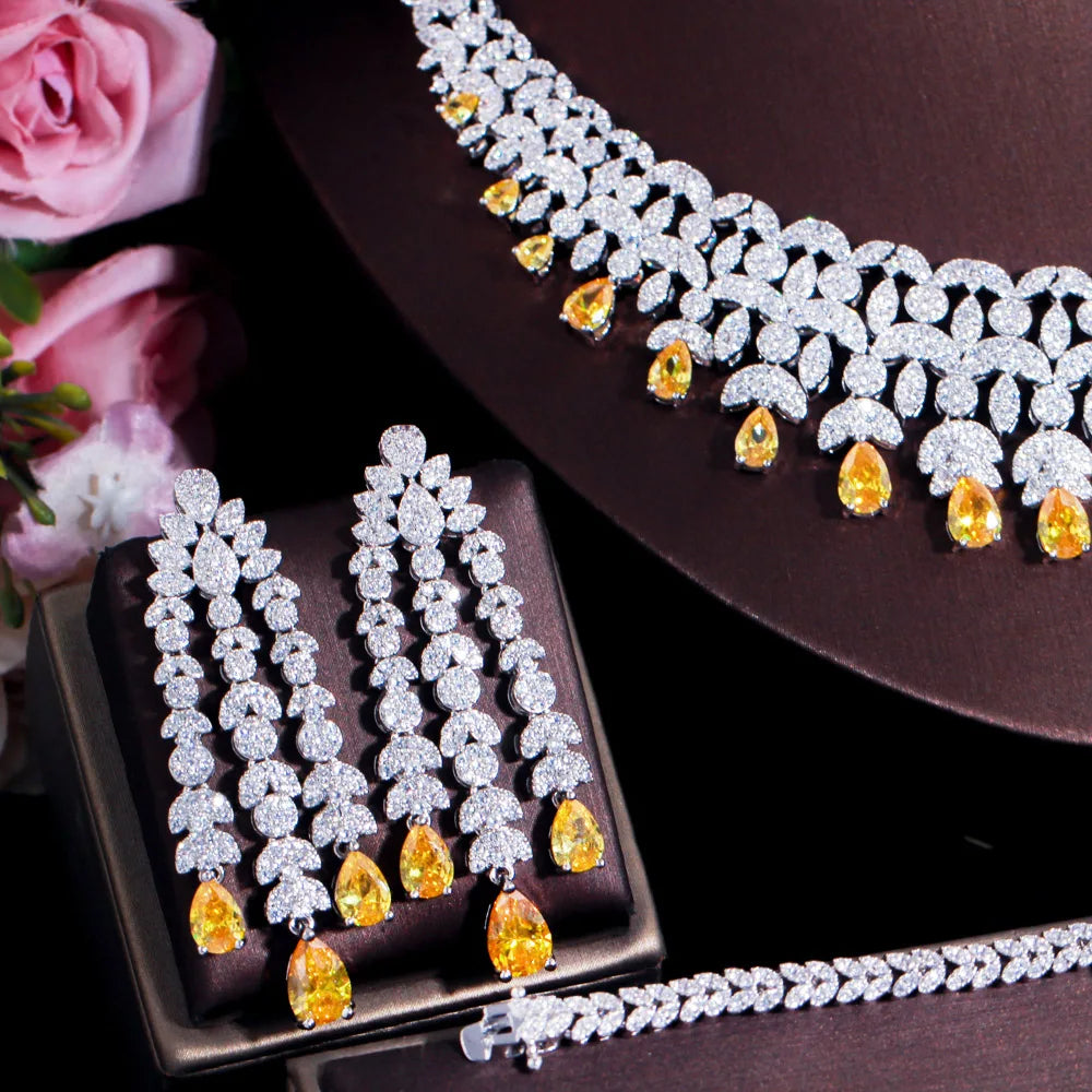 Yellow Zircon Luxury Indian Nigeria CZ Crystal Wedding Bridal Jewelry Set Big Tassel Necklace for Women Engagement Jewellery