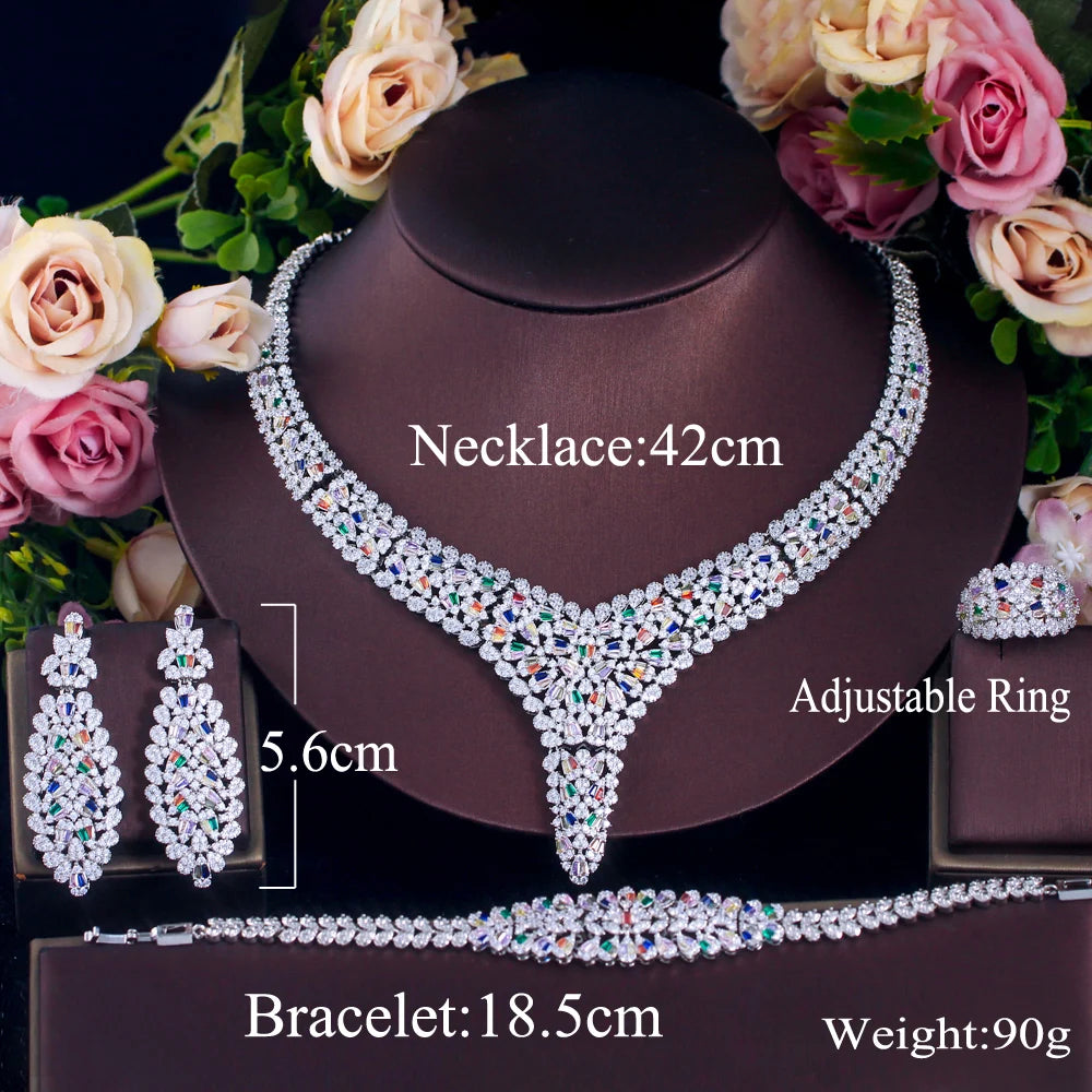 Luxurious Styles Silver Plated Mixcolor Cubic Zircon Party Bridal Big Jewelry Set for Women Wedding Dress Accessories
