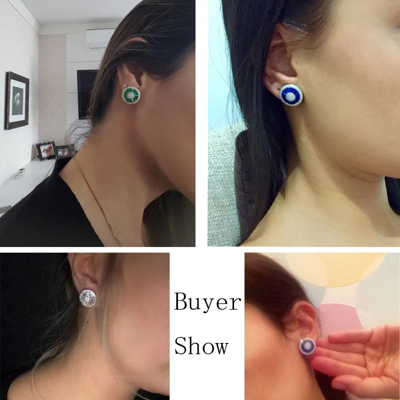 Noble Romantic Dark Blue Crystal Jewelry Luxury Round Cubic Zircon Wedding Big Stud Earrings for Women Party Gift