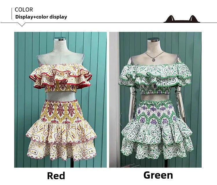 2025 Spring Summer New Lace Two Pieces Sets Off-Shoulder Crop Top + Flounce Hem Skirt Co-ord Set