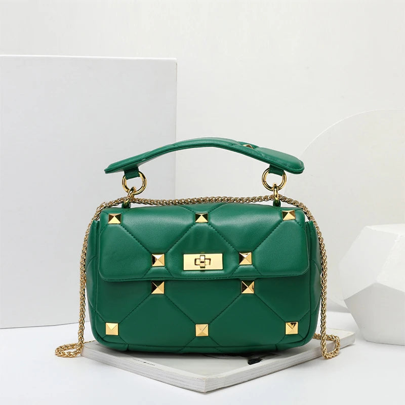 Trendy Leather Square Sheep Leather Designer Black square Shoulder Crossbody Studded Bag Purse Handbags for Women