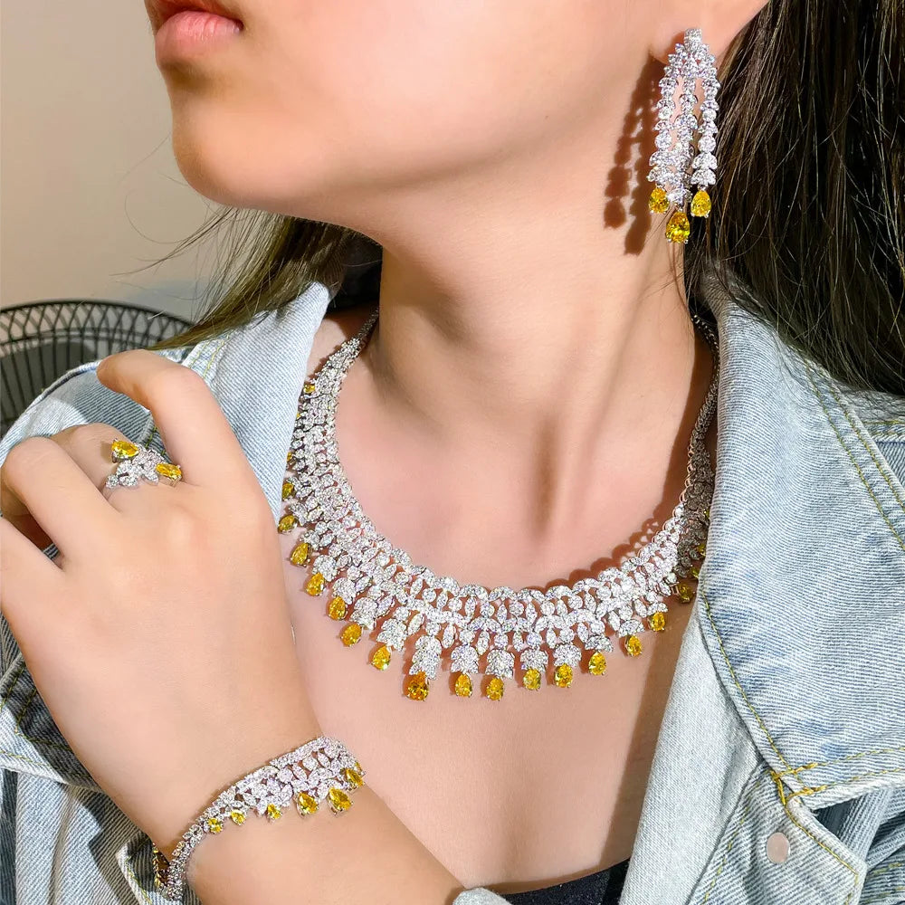 Yellow Zircon Luxury Indian Nigeria CZ Crystal Wedding Bridal Jewelry Set Big Tassel Necklace for Women Engagement Jewellery