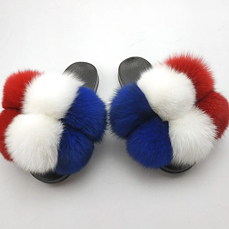 Woman Elegantes Adjustable Slides Fluffy Platform Sandal Rainbow Faux Fur Slippers