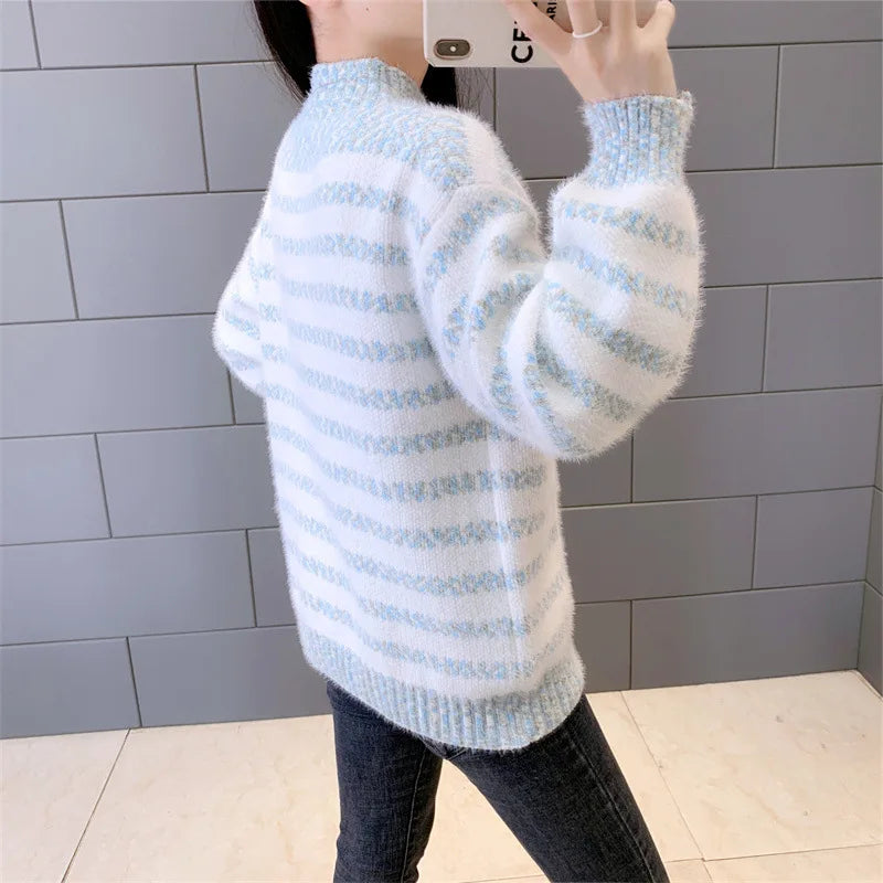 2025 Autumn Winter Women Sweet Sweater Fur Striped Stand Collar Warm Knitwear Loose Long Sleeve Pullover Tops Thick Knit Sweater