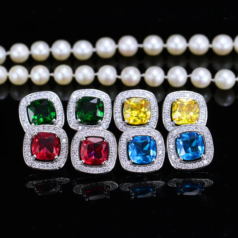8 Color Options High Quality Square Shaped Cubic Zircon Stone Pink Crystal Fashion Stud Earrings for Women Daily Wear Jewelry