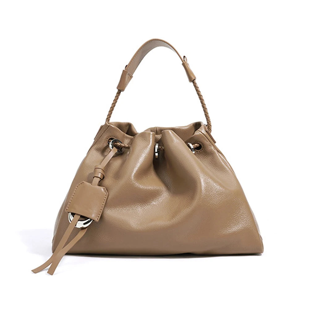 New High Quality Leather Drawstring Women's Purse Handbags Luxury Genuine Cowhide Leather Shoulder Crossbody Bags for Women