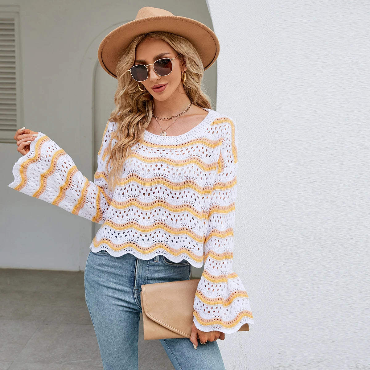 2025 Sweaters for Women O Neck Striped Long Sleeve Pullover Sweater Loose Oversized Fashion Knitted Sweater