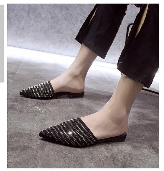 Brand New Design Shiny Diamond Women's Flat Shoes Open Heel Simple Mueller Shoes Casual Lazy Ladies Shoes